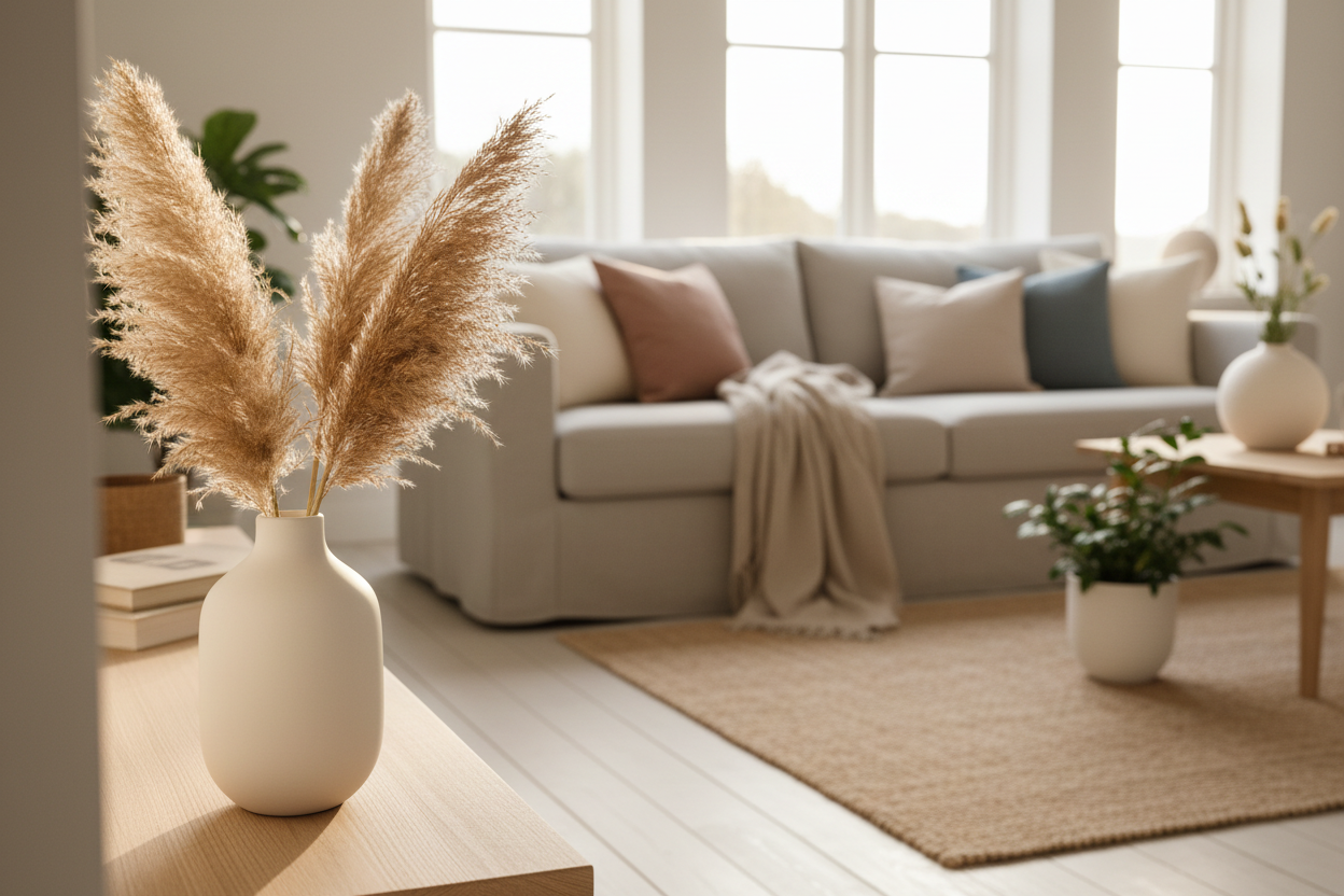 Weiße Keramikvase mit Pampasgras auf Holzregal im Wohnzimmer
